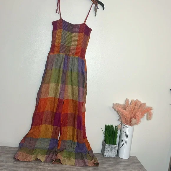 Anthropologie DRA Rainbow Plaid Madras Sierra Smocked Linen Sleeveless Jumpsuit - Picture 5 of 6